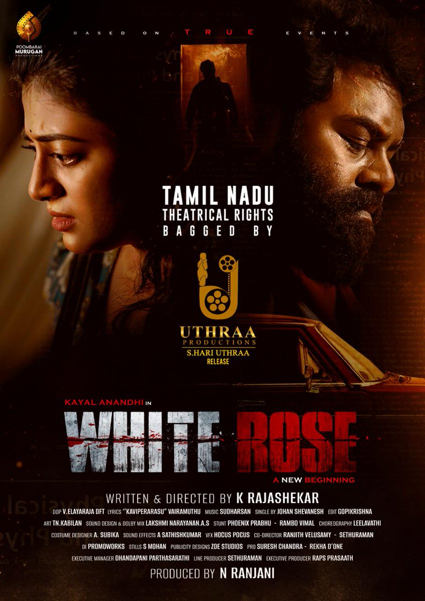 We happy to be associated with 'UthraaProductions' for the release of #WhiteRose @studio9_suresh @anandhiactress @dirrajshekar @udhayaramakrish2 @vairamuthu @vijjith1 @nakshatra1002 @elayadop @shan_0029 @johanmuzic @gopikri_edit @rapsprasaath @editsethu1971 @tnkabilan