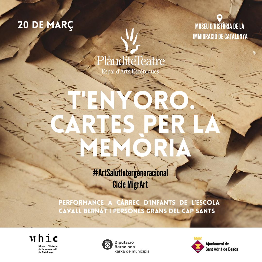 📅 Dimecres 20 de març 
🕚 11:00 a 13:00
📍<a href="/MuseuImmigracio/">MhiC</a>
🎭 Acció escènica intergeneracional amb alumnat de l'escola Cavall Bernat + persones grans vinculades al CAP Sants
Entrada lliure #ArtSalutIntergeneracional