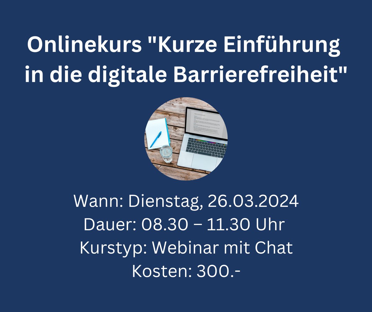 Für den Kurs vom 26. März haben wir noch ein paar wenige freie Plätze. Weitere Informationen und das Anmeldeformular finden Sie auf unserer Website: access-for-all.ch/anmeldung-onli… 
#onlinekurs #barrierefreiheit #accessibility #digitalAccessibility #digitaleBarrierefreiheit