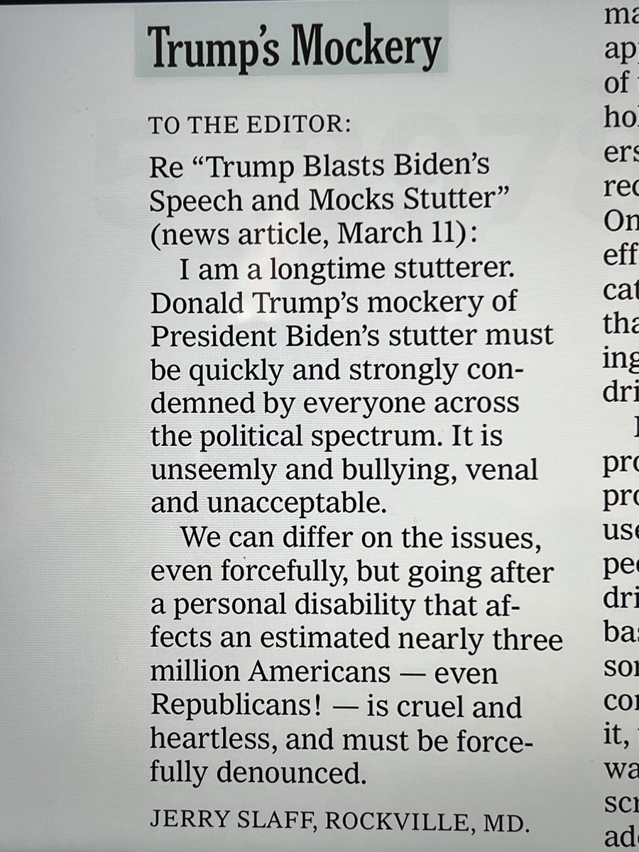 Very glad my letter to the editor about Trump's mockery of Biden's stutter is on page A 19 of today's New York Times. The man must be called to account for his savage bullying and ridicule. It must stop now.