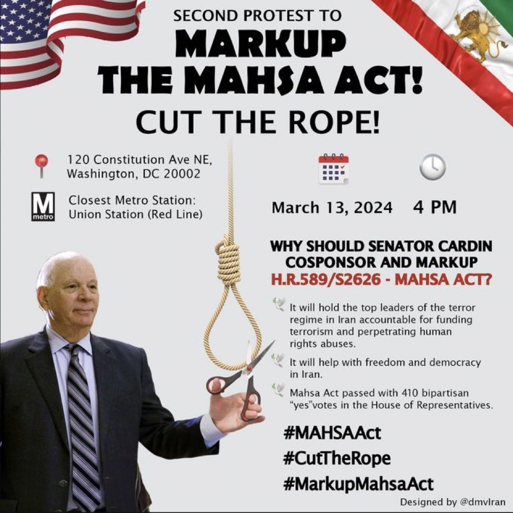 Please join our Iranian friends tomorrow Wednesday March 13 and demand @SenatorCardin to markup #MAHSAAct HR589 /S2626 and to hold the terrorist regime of mullahs accountable for funding terrorism and violating human rights. 

@FoxNews , @ShannonBream , @ralakbar