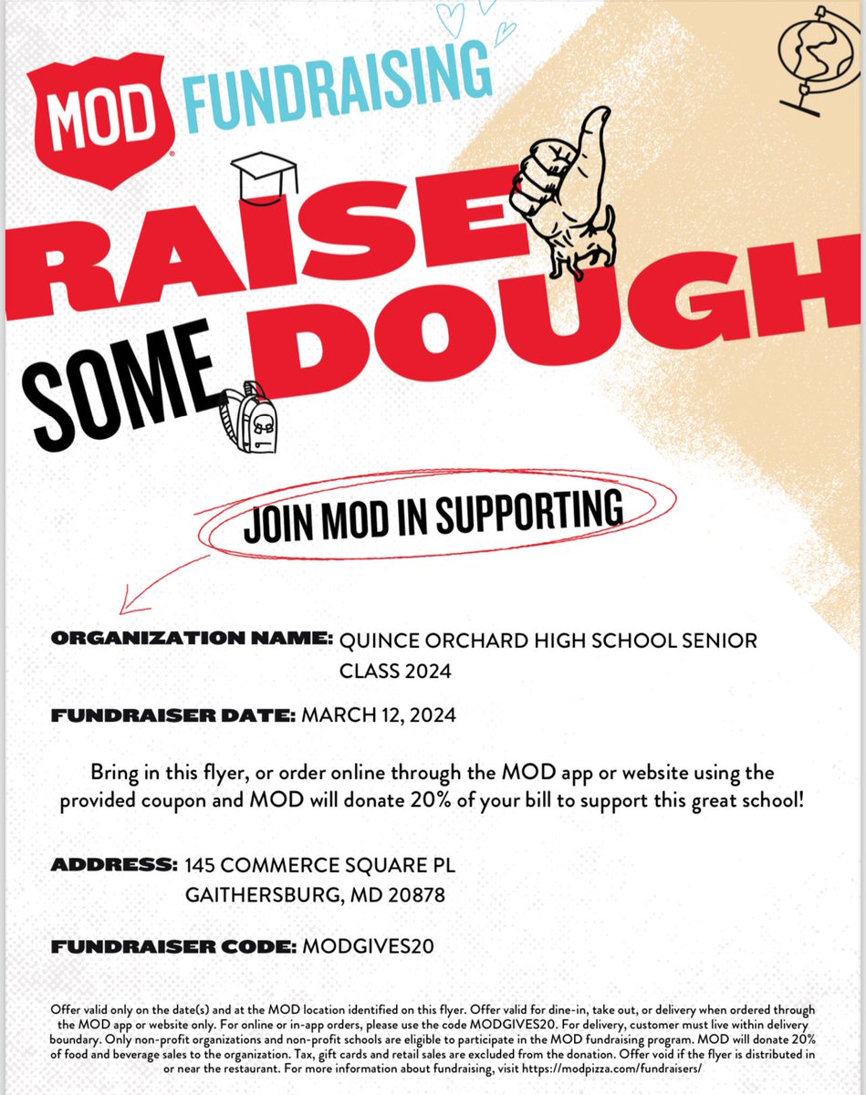 Come out to support the Senior, Class of 2024 today at Mod Pizza in Kentlands! 🍕 @QOHSPrin_Thomas <a href="/yarborop2/">Yarborop2</a>
