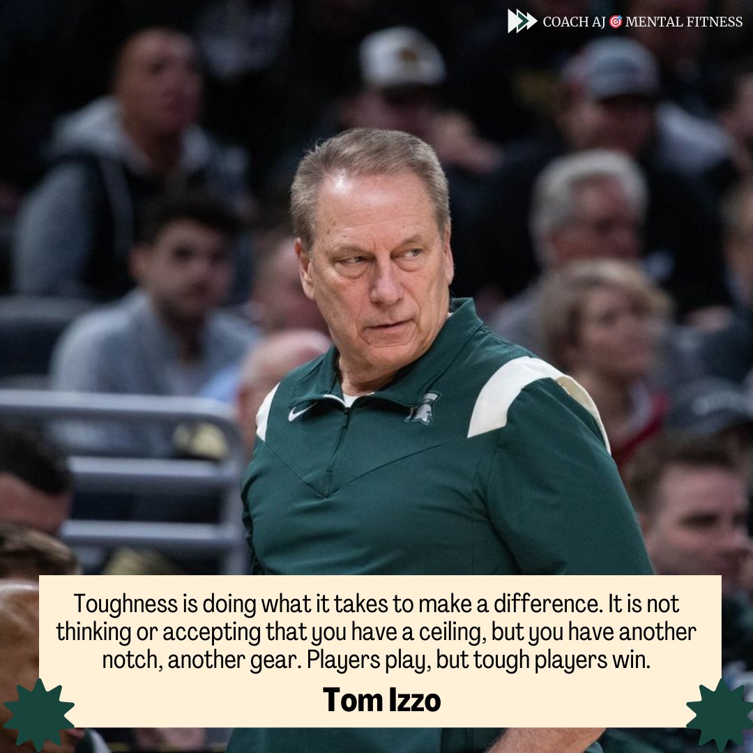 coachajkings's tweet photo. Tom Izzo said, "Toughness is doing what it takes to make a difference.  It is not thinking or accepting that you have a ceiling, but you have another notch, another gear.  Players play, but tough players win."

Mentally tough people persevere.

It requires a willingness to go beyond your current limits.
• It means being resilient.
• It means being consistent.
• It means overcoming challenges.
• It means having a growth-mindset.

Tough people know that mental toughness is not a talent, but a skill to develop.

7 Strategies for Being Mentally Tougher:
1. Start with your Attitude and Habits - Your attitude and habits are a choice. Your attitude can turn a difficult situation into an opportunity and your habits can build action on those attitudes. Create a positive mindset and productive routines to lay the groundwork for resilience and growth.

2. Train Hard, Compete Easy - Preparation puts you in position to succeed because you have done the work mentally and physically. When you practice your hardest, your natural instincts and creativity will take over when the time is needed. This allows you to act and not overthink.

3. Control What You Can Control - The most mentally tough people know that "you can control what you can control." There is nothing you can do about a failure or a painful moment because it's in the past. Channel your efforts and concentrate on aspects you can influence, enabling you to manage stress and maintain a sense of agency.

4. Win The Self-Talk Battle - Your self-talk is either going to empower you or defeat you.  Negative self-talk is common, but you have to eliminate it or reframe it if you want to succeed. By improving your self-talk, you give yourself support and become more resilient when those tough times appear.

5. From Now On, Problem = Opportunity - You can't always control what happens, but you can control how you handle challenges and setbacks. Reframe challenges and see problems as chances for growth and learning. This growth mindset reminds you that challenges are only challenges if you let them be.

6. Visualize and Strategize - When you visualize your future, you clear the mental clutter around your vision, clarify your meaning, and reflect. Visualization helps your strategize for where there might be future obstacles. This allows you to be prepare for challenges and obstacles before they happen.

7. Believe In Your Future - Positivity is a choice. Belief is a choice. When you view the world this way, you are promoting a positive attitude and a growth mindset. It matters because it brings strength, resilience, and hope during those tough times.

"You have power over your mind, not outside events. Realize this, and you will find strength." – Marcus Aurelius
- - -
Follow @coachajkings for more content like this!