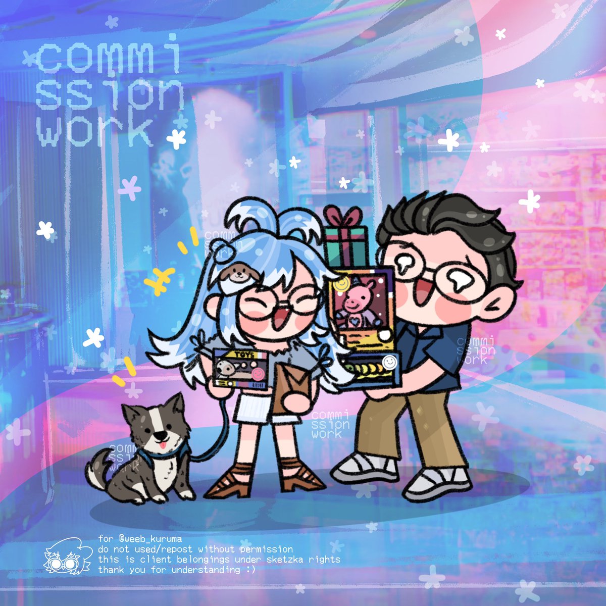 sketzka's tweet photo. #commissionart for @weeb_kuruma 

Kata Bang Dillon, mau dijajanin mainan bocil, Bo! Ayo, ke mall! ☺️
#aeruseni #commissionopen #opencommission
 #commissionart https://t.co/y9q3fOuSWK