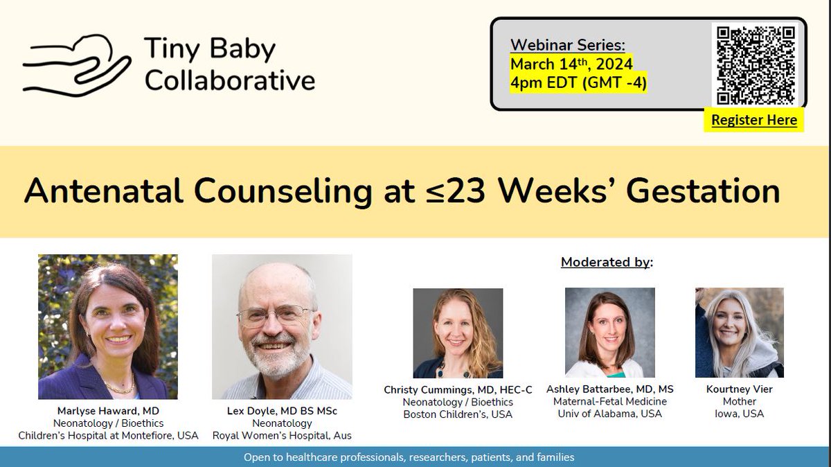 Tiny Baby Collaborative (@tinybabycollab) on Twitter photo Join us for our next webinar this Thursday 3/14/24 about antenatal counseling for babies born ≤23 weeks! Join us for our next webinar this Thursday 3/14/24 about antenatal counseling for babies born ≤23 weeks!