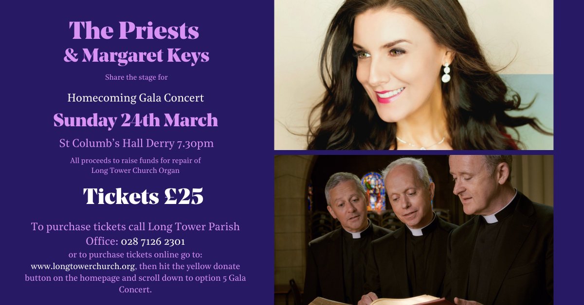 Homecoming Gala Concert 🎶 Join us for what promises to be a musical extravaganza with The Priests and soprano Margaret Keys 🎤 📅 Sunday 24th March 📍 St Columb's Hall ⌚️ 7.30pm Find Out More 👉 bit.ly/4cnpyka #VisitDerry #Derry #Londonderry #Doire #WalledCity