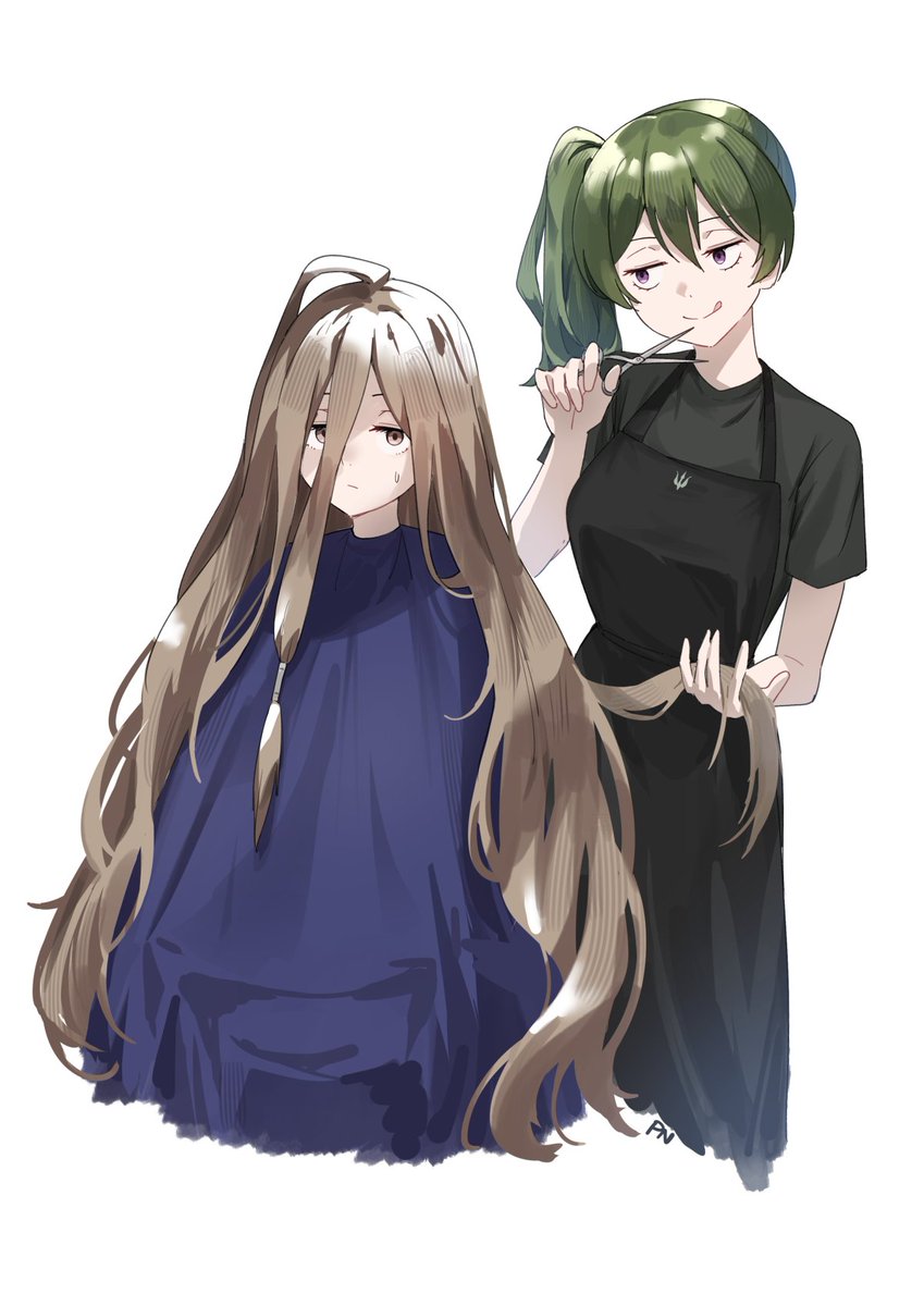 cutting hair multiple girls 2girls long hair green hair holding scissors scissors  illustration images