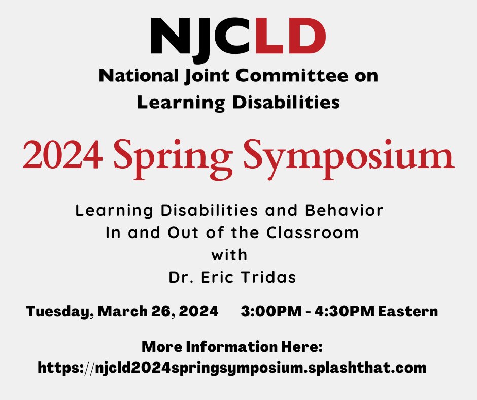 Join NJCLD for their virtual Spring Symposium: Learning Disabilities and Behavior In and Out of the Classroom with Dr. Eric Tridas on March 26th. Learn more and register at: …cld2024springsymposium.splashthat.com  #NJCLD2024