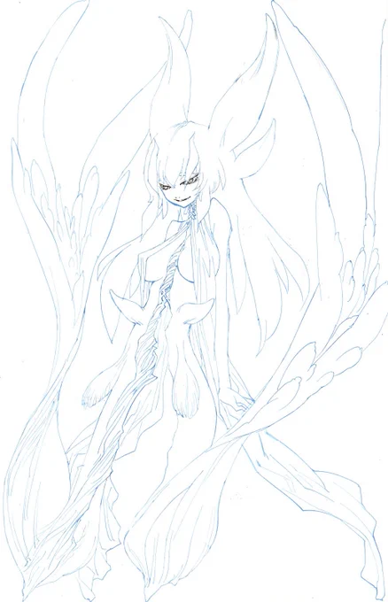 文字投稿が続きましたので、この辺で一枚エロ絵を投下します。こないだ途中まで描いて飽きてほったらかしにしてた人魚絵です。二匹の雌が合体してひとつの人型をかたち作る百合人魚です。王子さまを真ん中に挟みこんで長い時間をかけて吸い尽くします。 