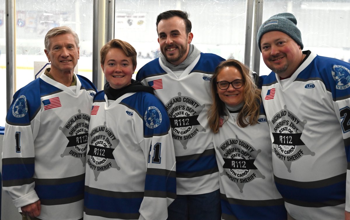 RCSD's tweet photo. Our own Richland Blueliners hit the ice honoring the memory of our fallen deputy Jake Salrin. They played a special game and Salrin's family accepted an honorary jersey! Even part of our OPL crew came out! It was a powerful tribute to their colleague's legacy. #TeamRCSD https://t.co/bc582l6Bbx