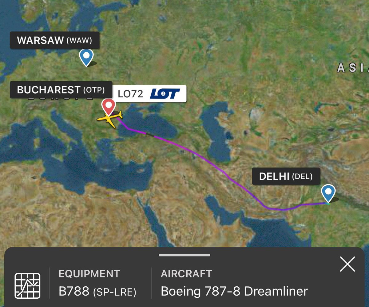 1/ 📰 PE SCURT: Boeingul 787-8 Dreamliner LOT Polish Airlines (SP-LRE) care opera marți, 12 martie 2024, zborul #LO72 pe ruta Delhi (India) - Varșovia (Polonia) a efectuat o aterizare de urgență pe aeroportul 'Henri Coandă' (Otopeni) din #București.