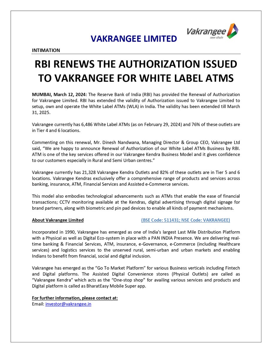 Vakrangee_Ltd's tweet photo. RBI renews the authorization issued to Vakrangee for White Label ATMs.
Read: https://t.co/ii74Jx40o4
#Vakrangee #VakrangeeKendra #ATM #WhiteLabelATM #WLA https://t.co/r1TmSCiqDs