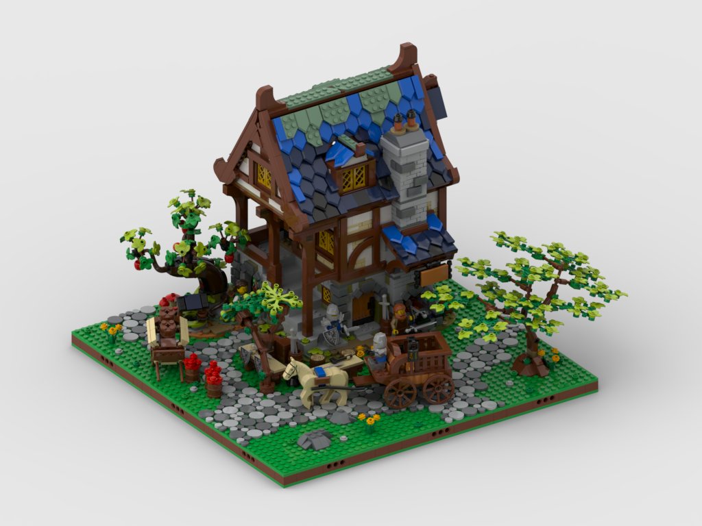 Love the set 21325 - Medieval Blacksmith, so now you can add him this display. In the display you can see that I added trees, path, carriage and tables of goods. Instructions: tinyurl.com/2fr6a7ff #Lego #Legp21325 #legblacksmith #Legomedieval #Legomoc #Legodisplay #Legobuild