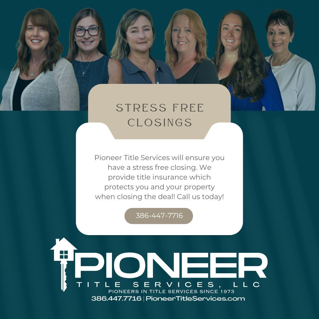 🏡✨ Looking for stress-free closings? Look no further than Pioneer Title Services! ✨🏡
Trust the professionals for a seamless and worry-free closing experience. Our team is dedicated to making your journey smooth and stress-free.📞 Call us today at 386-447-7716