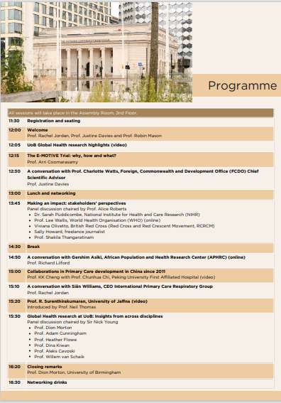 Just a few days to go until our Global Health Research Showcase on Friday! Final programme 👇 Looking forward to welcoming FCDO's Professor Charlotte Watts, WHO’s Prof Lee Wallis, NIHR’s @sarah_smp2, UoB’s @theAliceRoberts, @arricoomarasamy, @hflowe and @WvSchaik, and many more!