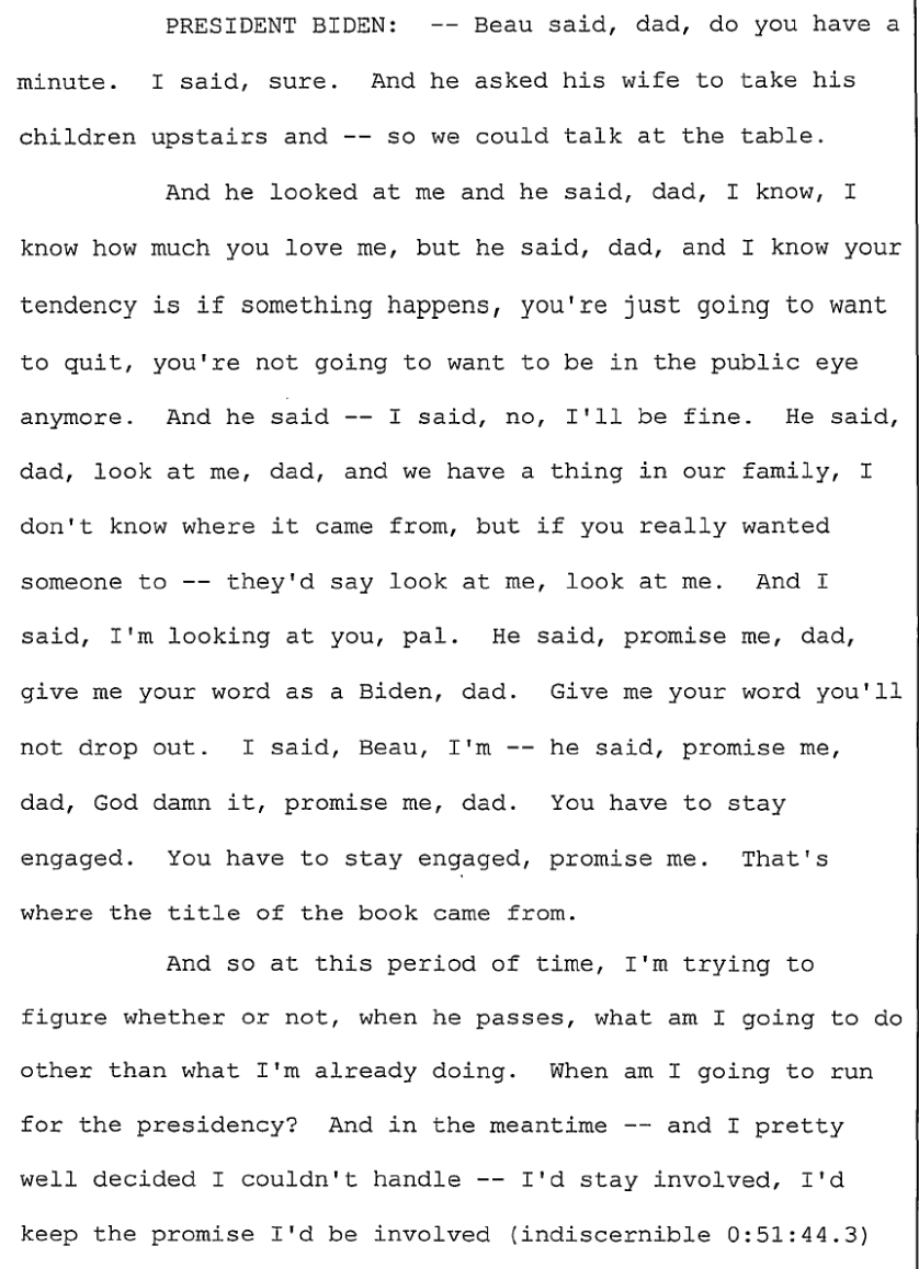 Here is the passage where President Biden talks about the death of his son Beau -- and names the exact day that he dies as others jump in to add that it happened in 2015.