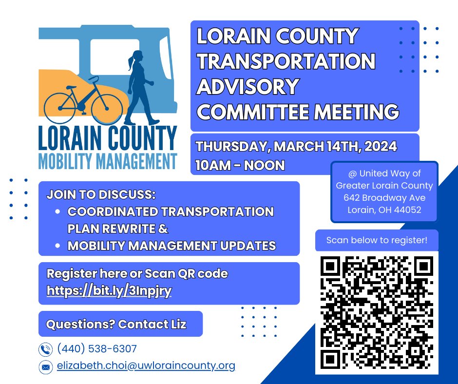 Join us for the Transportation Advisory Committee meeting on March 14th from 10am-12pm at United Way! We're excited to share updates on the Coordinated Transportation Plan Rewrite and Mobility Management. We want to hear from YOU! Register at bit.ly/3Inpjry