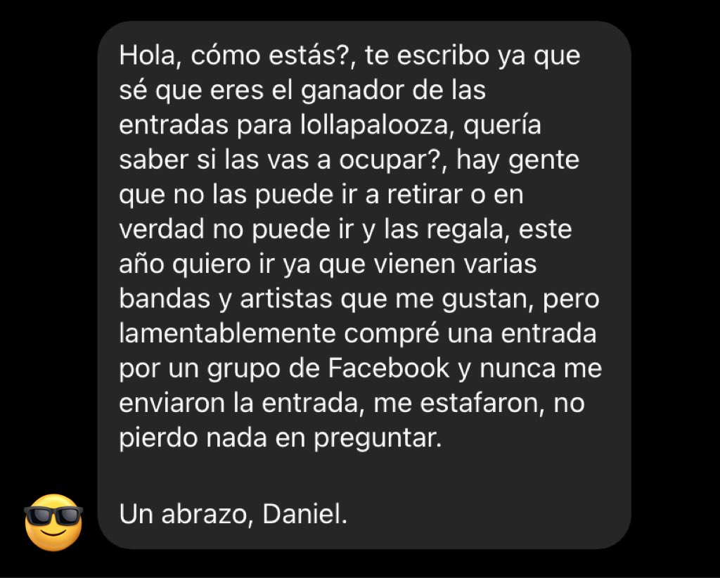 uribemiau's tweet photo. Me gané entradas para el Lolla la semana pasada y hace  un ratito me llegó este mensaje por DM de un zorron culiao barsa. Te pasai Daniel 😂 https://t.co/eAO8eX7qAx