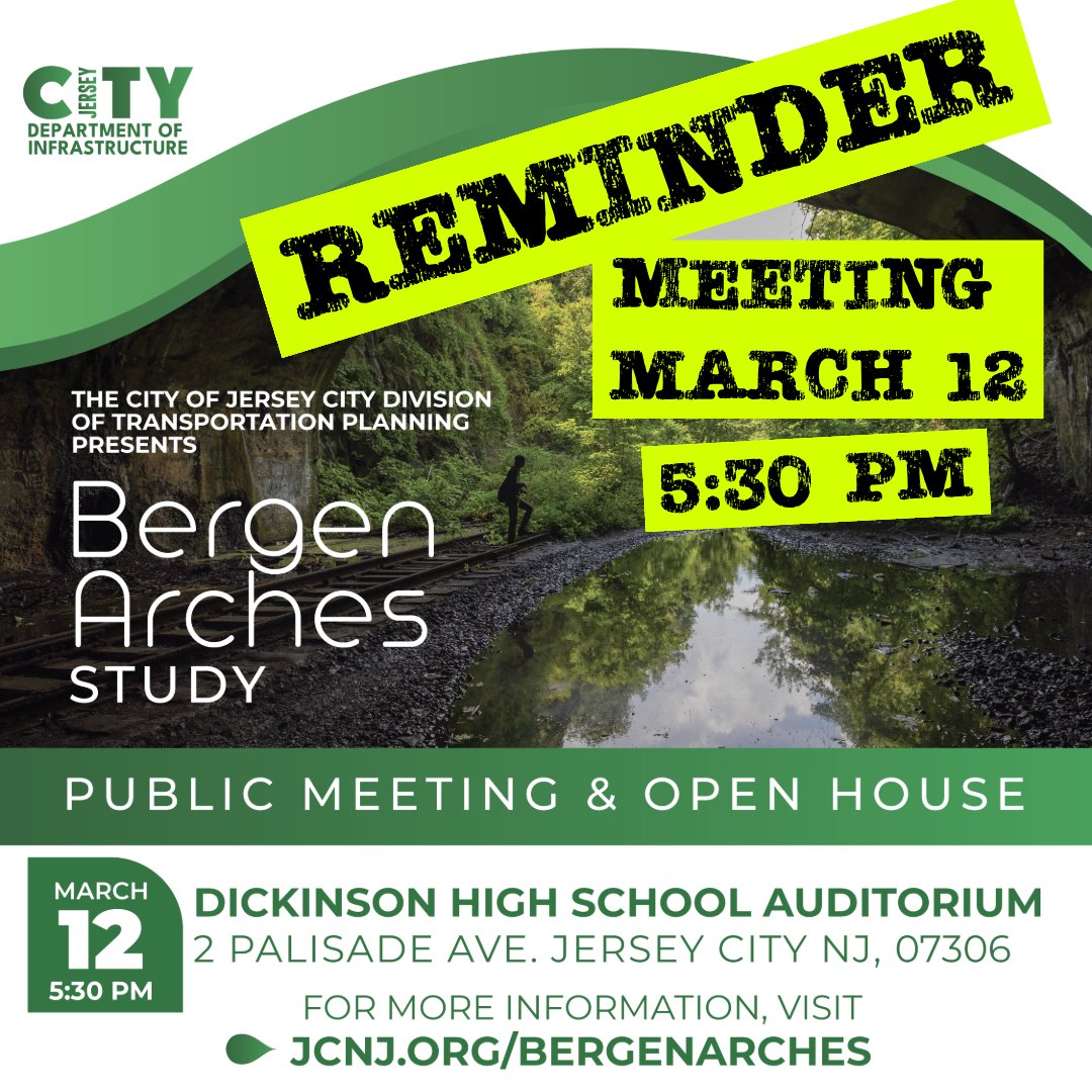 FRIENDLY REMINDER! First PUBLIC MEETING regarding the Bergen Arches Feasibility Study. TODAY!!!

DO NOT MISS OUT! This is your opportunity to provide input and have your questions answered.
 jcnj.org/bergenarches 

#bergenarches #jerseycity #nj #greenway