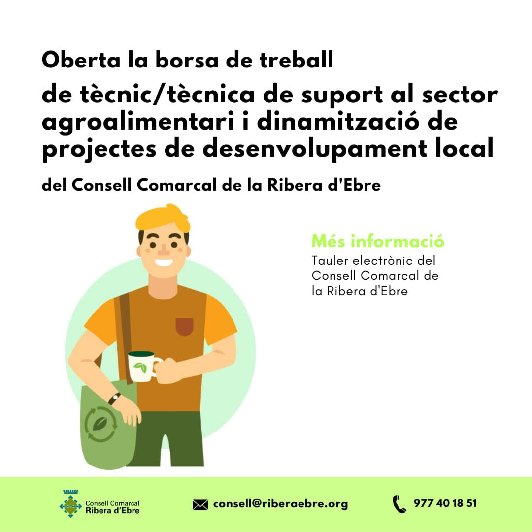 Ribera d'Ebre VIVA (@riberadebreviva) on Twitter photo 📢 El <a href="/ccriberaebre/">Consell Comarcal de la Ribera d’Ebre</a> ha obert un procés de selecció i creació d’una borsa de treball. 
👉 Mitjançant concurs-oposició per a persona tècnica de suport al sector agraolimentari i dinamització de projectes de desenvolupament local. 
📅 Fins al 22 de març
ℹ tauler.seu.cat/pagDetall.do?i… 📢 El <a href="/ccriberaebre/">Consell Comarcal de la Ribera d’Ebre</a> ha obert un procés de selecció i creació d’una borsa de treball. 
👉 Mitjançant concurs-oposició per a persona tècnica de suport al sector agraolimentari i dinamització de projectes de desenvolupament local. 
📅 Fins al 22 de març
ℹ tauler.seu.cat/pagDetall.do?i…