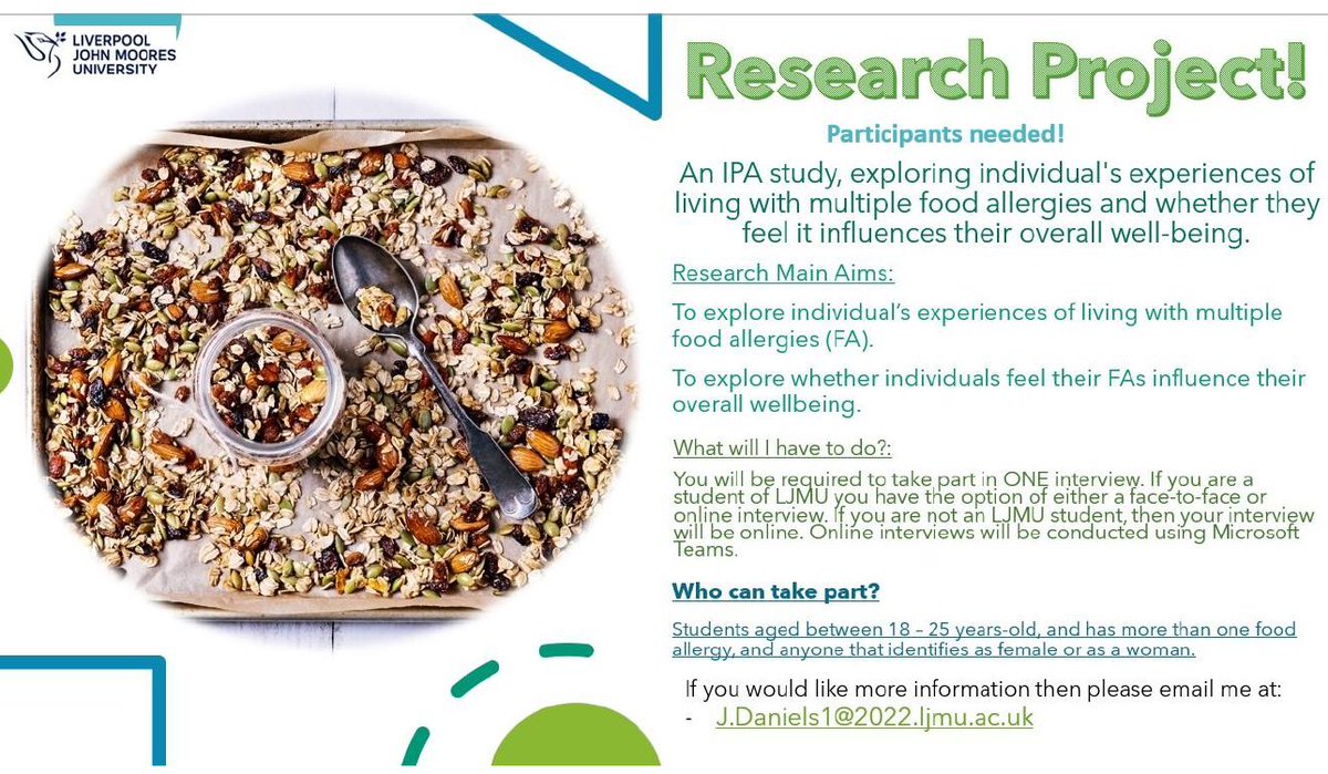 📢Calling all #Students with #FoodAllergies! We are looking for participants who have multiple food allergies and are currently studying to take part in an interview about their experiences. Please share and get in touch via the e-mail below. #AcademicTwitter #AcademicChatter