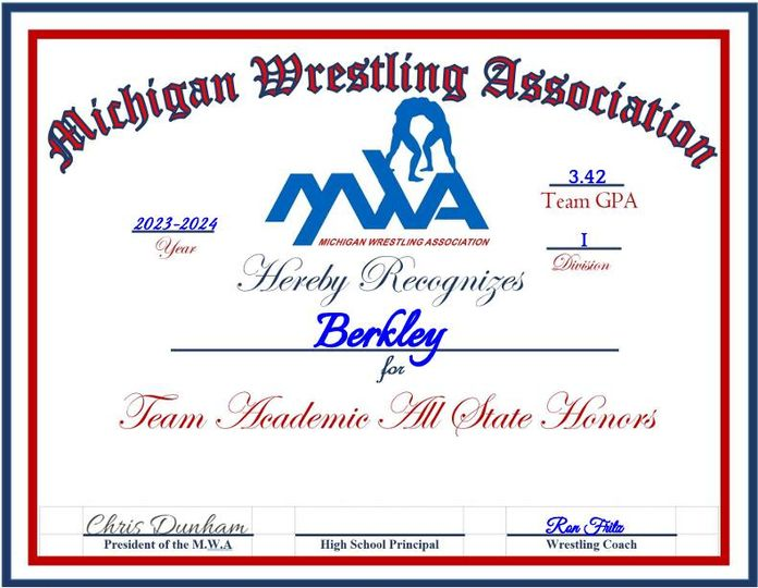 Berkley Wrestling has earned All State Academic Honors for a fourth year in a row!
GO BEARS!