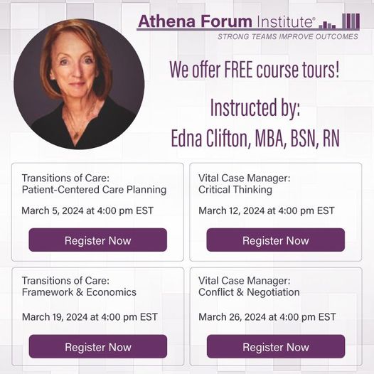 AthenaForumLLC's tweet photo. Improve patient outcomes in one of our twelve, 20 minute Discover Tours with Edna Clifton!
Dip into Transitions of Care: Framework &amp; Economics, Vital Case Manager: Conflict &amp; Negotiation &amp; much more!
Register here for a Discovery Tour - https://t.co/KPNsaIjoly https://t.co/fmvVCkHJwT