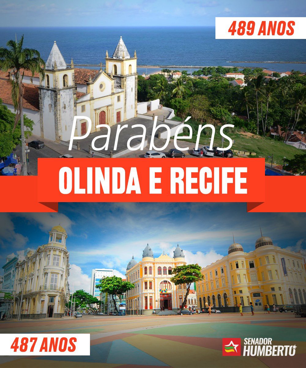 DUAS CIDADES, UM SÓ CORAÇÃO - Olinda e Recife cresceram de mãos dadas. São um farol da liberdade na história do Brasil. São um orgulho para Pernambuco e para a nossa gente. Parabéns, Olinda, pelos seus 489 anos! Parabéns, Recife, pelos seus 487 anos! Viva!