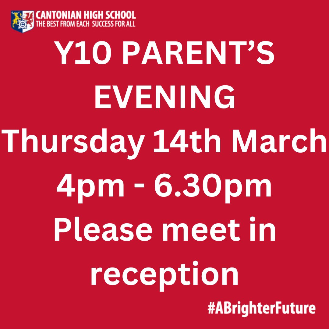 Don’t forget Year10 Parent’s Evening on Thursday #ABrighterFuture ☀️☀️☀️