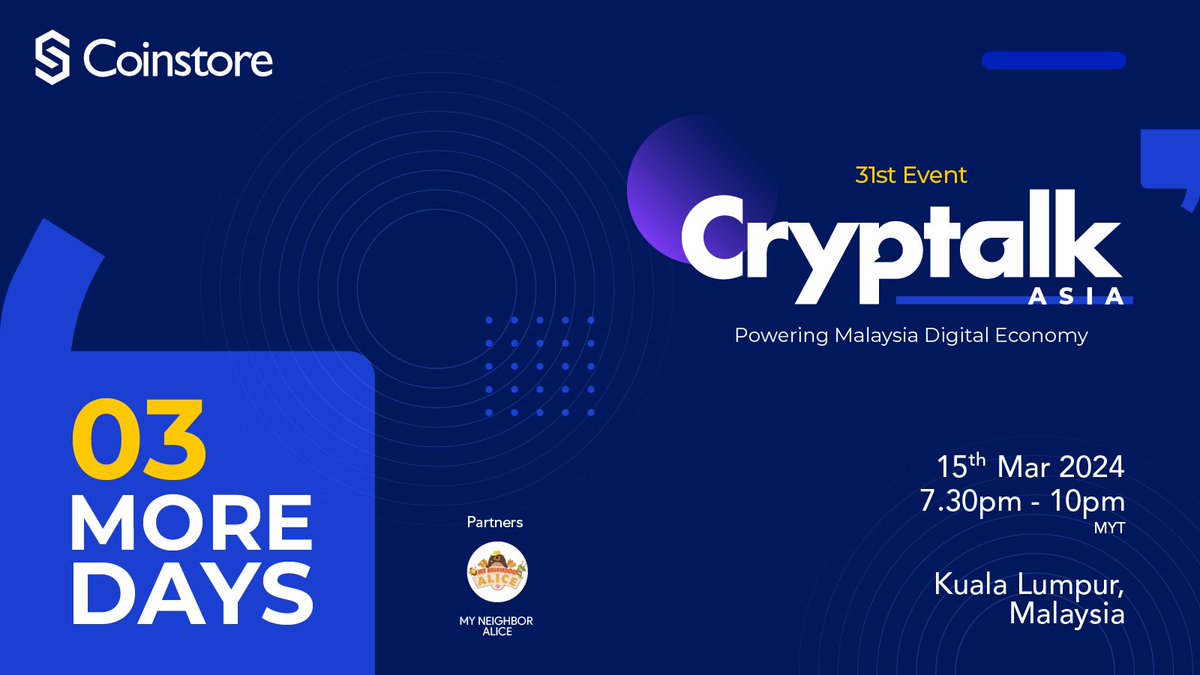 Mutalebmia675's tweet photo. π Just 3 days to go until #CryptalkAsia lights up Kuala Lumpur!
Join us to power up Malaysia's digital economy.
Don't miss out, secure your spot now: https://t.co/CMv1pmInmkβ¦ πβ¨
#Coinstore https://t.co/ae7NdKwJAQ