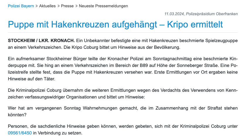 SebastianLipp's tweet photo. #MonitoringBY 315
#Stockheim, 10.3.24. Unbekannt befestigt eine mit Hakenkreuzen beschmierte Spielzeugpuppe an einem Verkehrszeichen. https://t.co/7a0m6nJnXe https://t.co/TpCfVOlCIf