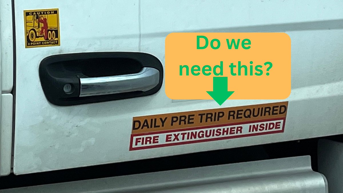 National Carrier, day cab and this sign was on the passenger side door, not the driver side.  I am all for #SafetySigns (You can see 2 others in this photo), however my question is this:
❓As Professional Drivers, do we need a sign to remind us to do our Pre-Trip?  

Thoughts?