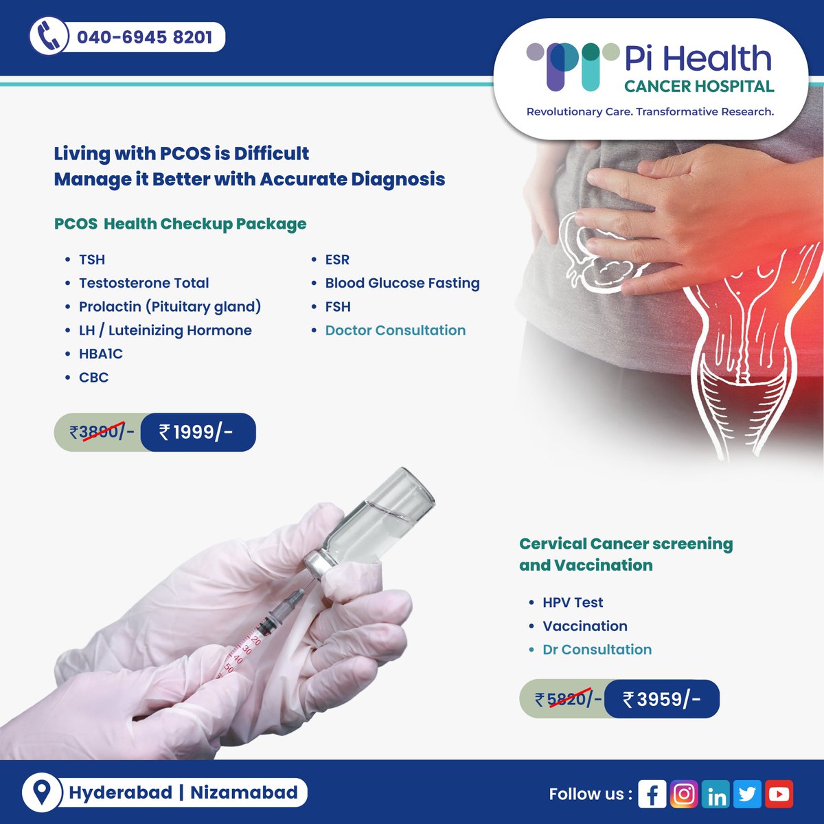 Step into a healthier future with #PiHealthCANCERHOSPITAL.💪 🩺 PCOS Health Checkup: Just ₹1999/-, down from ₹3800/- 💉 Cervical Cancer Screening & Vaccination: Only ₹3959/-, reduced from ₹5820/- 
For More details call : +91 92814 48102
 #pcos #healthcheckup