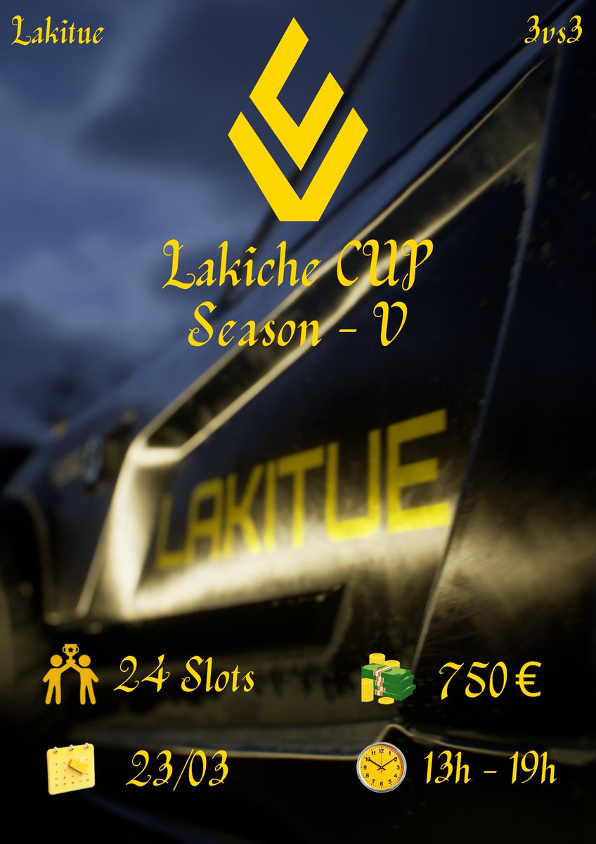 🇫🇷🇫🇷

On en profite pour vous annoncez un nouveau logo !
Donnez nous votre avis !

Petit rappel :
La #LakicheCUP reprend pour sa Ve saison le 23 Mars 
On a fait une petite affiche histoire de tout vous résumer.

Il y a actuellement 9 équipes inscrites sur 24 slots

Format : Round