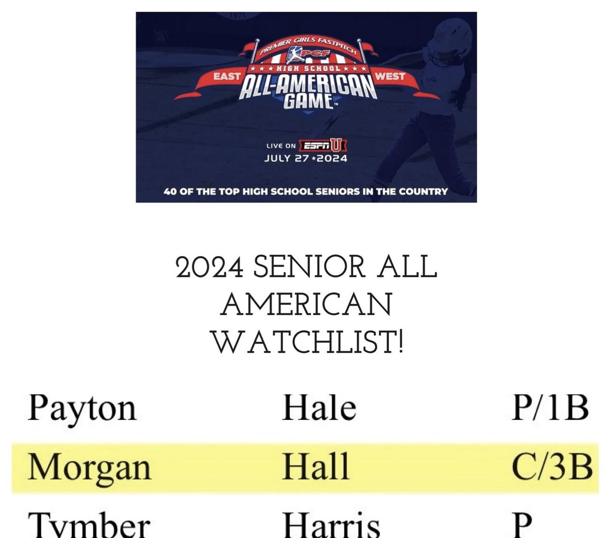 I’m grateful to be recognized on the 2024 Senior All American watchlist with so many talented players! Thank you <a href="/PGFnetwork/">PGF</a>!! <a href="/SouthAlabamaSB/">South Alabama Softball 🥎</a> <a href="/intensitykod/">Kevin ODonnell</a> <a href="/SaintMarksHS/">Saint Mark's High School</a>