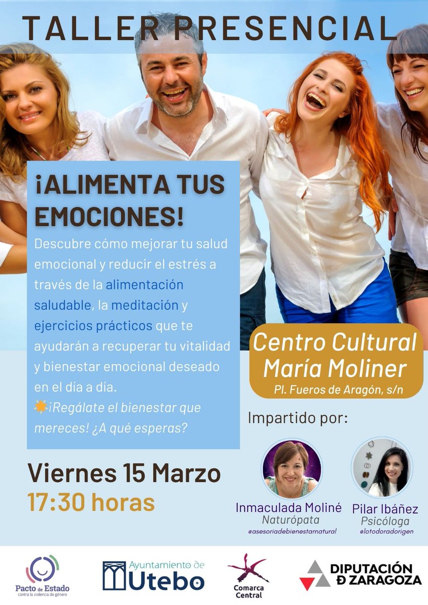 BosqueBetula's tweet photo. Taller: ¡Alimenta tus Emociones! – A cargo de Inmaculada Moliné y Pilar Ibáñez
Viernes 15 de Marzo de 2024, a las 17:30 horas en Centro Cultural María Moliner, Pl/ Fueros de Aragón s/n, Utebo (50180), Zaragoza.

Entrada libre, aforo limitado.

https://t.co/gTBNEez7wl https://t.co/Tn5qI8K9lA
