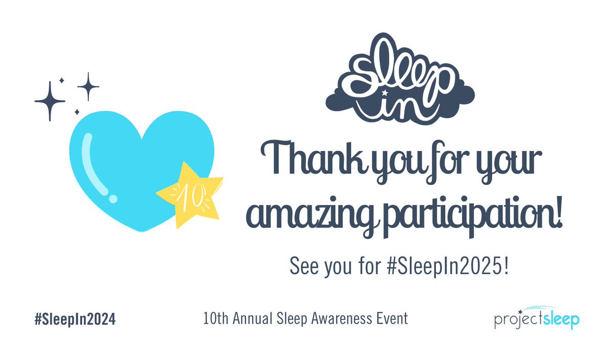 project_sleep's tweet photo. ๐๐ THANK YOU for Sleeping In with us! We've come so far in raising awareness for #sleephealth, #sleepequity, and #sleepdisorders over 10 years of the #SleepIn. See you all next year for #SleepIn2025! #SleepIn2024 fundraisers are open until March 31: https://t.co/I1CwO6muHI https://t.co/e0VV7f4Xhd