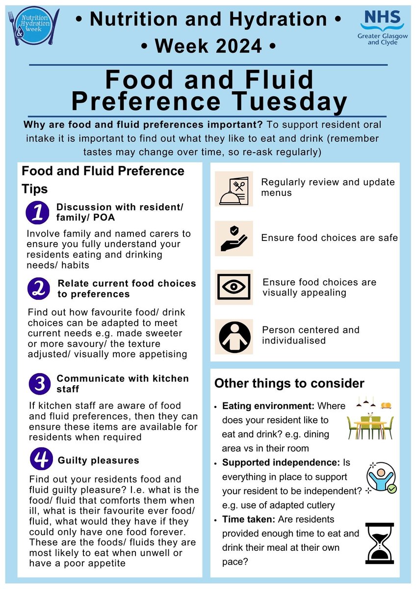 It is day 2 of Nutrition and Hydration Week @NHWeek 2024 #nhweek2024 💚 So today we wanted to talk about food and fluid preferences👇🏼 - To support a #carehome resident's oral intake it's important to find out what they like to eat and drink and any mealtime preferences