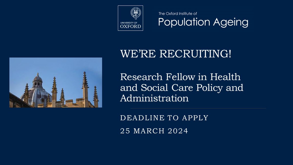 🔈Join our team!
We are seeking a #Postdoctoral Research Fellow in Health and Social Care Policy and Administration
📍 Apply by: 25 March 
🔗Details: my.corehr.com/pls/uoxrecruit…