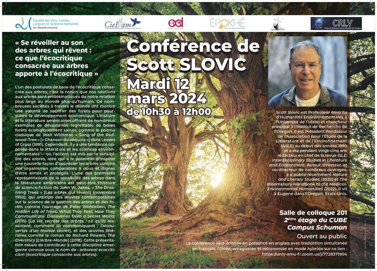 Passionnante conférence de Scott Slovic sur le rapport écrocritique aux arbres 🌳.  C'était ce matin à Aix-Marseille Université