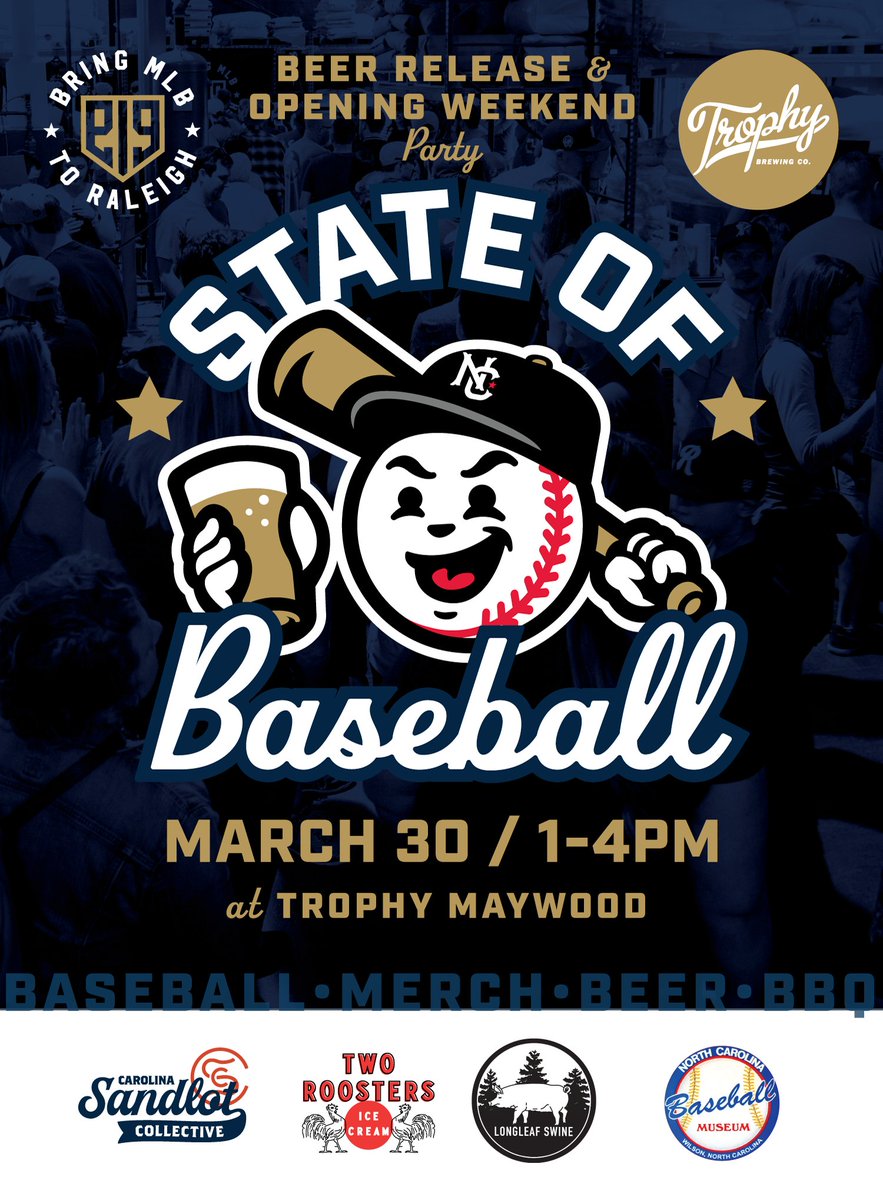 Kick off the MLB season with us at our MLB Opening Weekend Party! March 30 (1PM) @ Trophy Maywood ✅ New Merch! ✅ New Baseball Beer @Trophybrewing ✅ BBQ + Dogs @Longleaf_Swine ✅ Ice Cream @two_roosters ✅ Kids activities ✅ NC Baseball Exhibit @ncbaseballmuseu