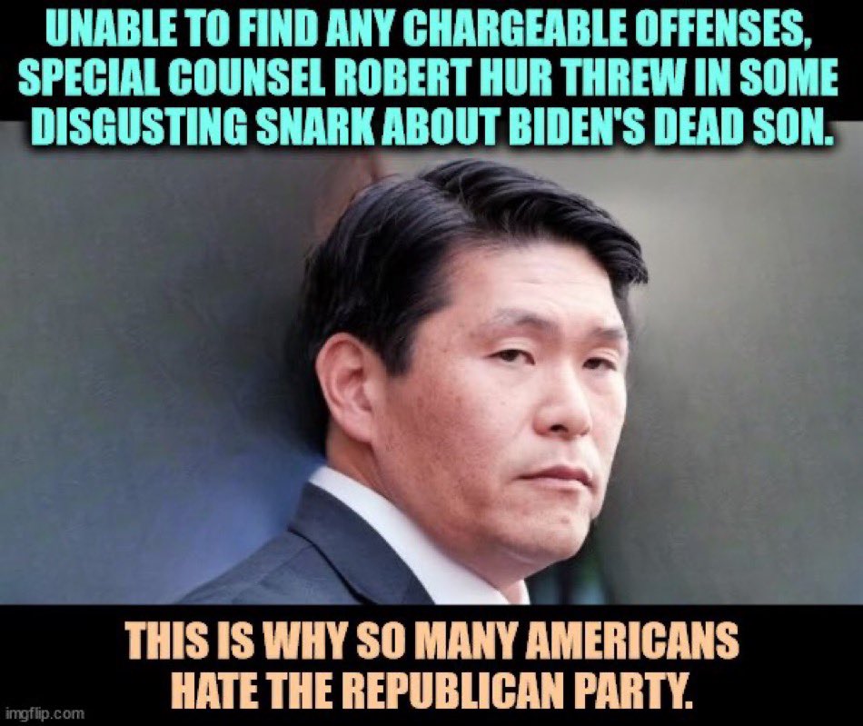 Robert Hur has resigned from the DOJ to be a disgusting MAGA piece of shit full time. He’ll even be testifying against Biden in Jim Jordan’s clown show. When you have an AG who bends over backwards to avoid seeming “partisan” assholes like Hur end up getting a platform. Pathetic.