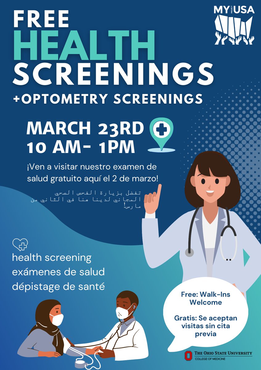 myprojectusa's tweet photo. We offer free health screening events, open to the public. Come and have a free health and eye exam.

Ofrecemos eventos de detección de salud gratuitos, abiertos al público. Ven y hazte un examen de salud y oftalmológico gratuito.

نحن نقدم فعاليات فحص صحي مجانية، مفتوحة للجمه... https://t.co/LyNyoWK2fF