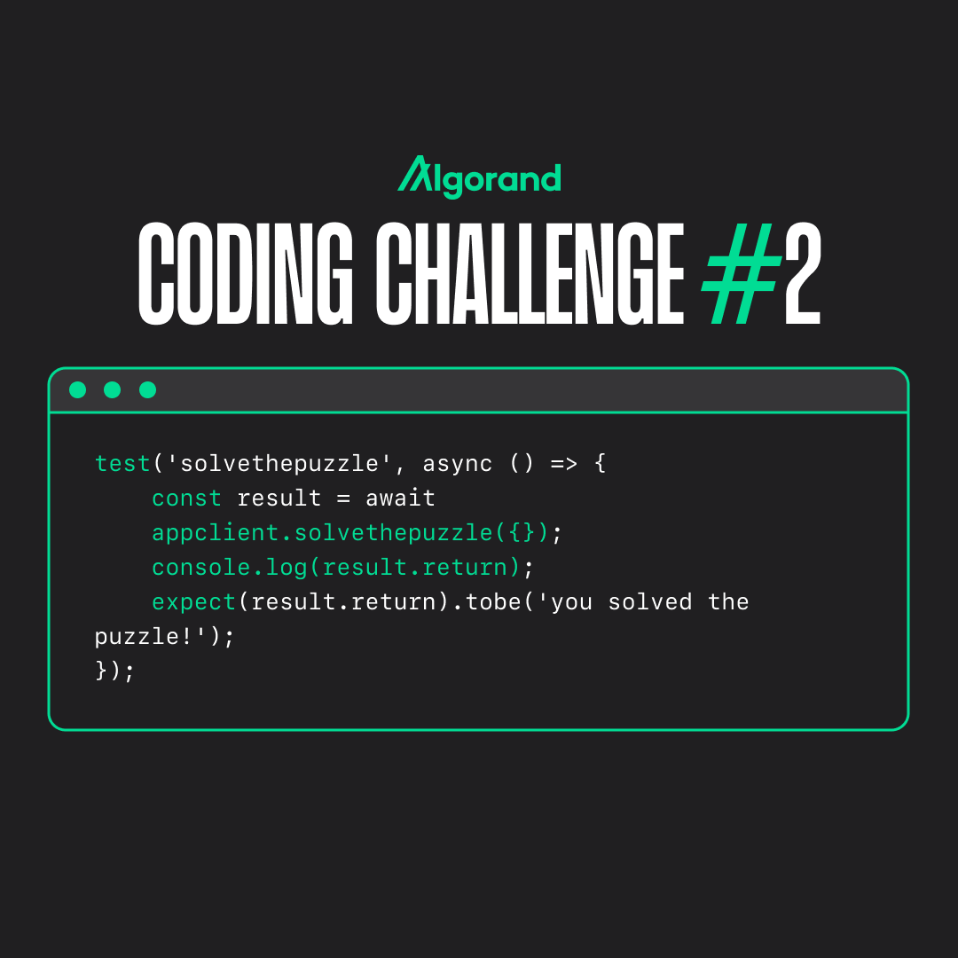 algodevs's tweet image. 📣 Algorand Coding Challenge #2 📣

The month-long challenge continues!

✨ 50 limited-time completion NFTs are up for grabs ✨

Will you take the glory? 👀

Jump into the second challenge, DON'T MISS OUT 👇
github.com/algorand-codin…