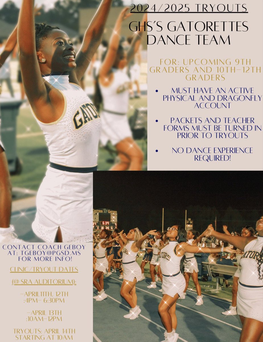 Looking to show off your moves and school spirit? Join the GHS Gattorettes Dance Team! Tryouts are April 12th - 14th