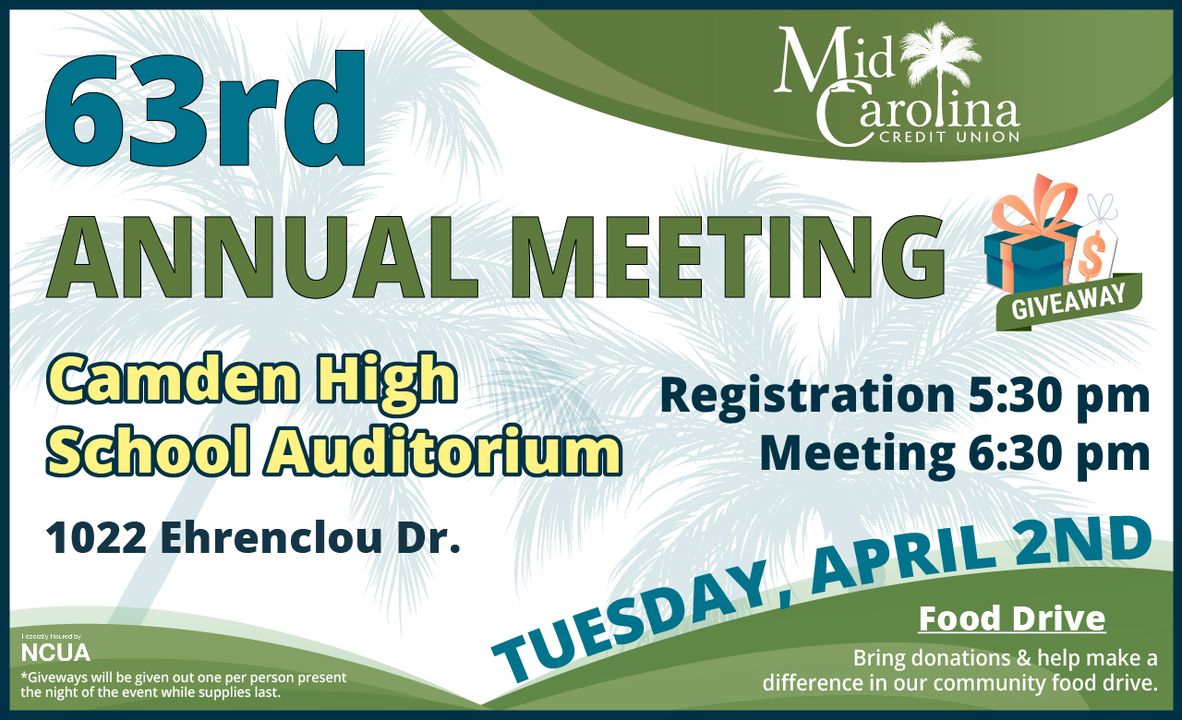 midcarolinacu's tweet photo. MCCU's 63rd Annual Meeting will be on April 2nd at a NEW LOCATION! This year's meeting will take place at the Camden High School Auditorium starting at 6:30pm. Registration and food drive will begin at 5:30pm. We hope to see you there! More info>>> https://t.co/f00B5NmtM7 https://t.co/0aHvcuU46X