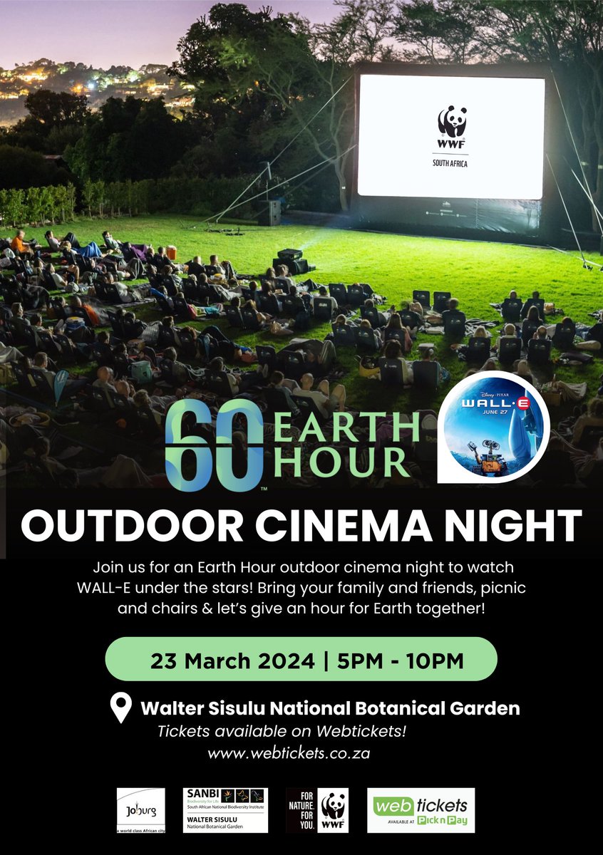WWF South Africa (@wwfsouthafrica) on Twitter photo 🎬🌌 Join us this #EarthHour for an outdoor screening of the nature-inspired blockbuster "WALL-E". Grab the family & head to selected venues in Cape Town & Joburg! 🎟️ Get your tickets at: pulse.ly/3eevorgpwq
<a href="/KirstenboschNBG/">Kirstenbosch Garden - Official</a> <a href="/CityofJoburgZA/">City of Joburg</a> <a href="/webticketsSA/">webtickets.co.za</a> <a href="/sanbi_za/">SA Biodiversity</a> 🎬🌌 Join us this #EarthHour for an outdoor screening of the nature-inspired blockbuster "WALL-E". Grab the family & head to selected venues in Cape Town & Joburg! 🎟️ Get your tickets at: pulse.ly/3eevorgpwq
<a href="/KirstenboschNBG/">Kirstenbosch Garden - Official</a> <a href="/CityofJoburgZA/">City of Joburg</a> <a href="/webticketsSA/">webtickets.co.za</a> <a href="/sanbi_za/">SA Biodiversity</a>
