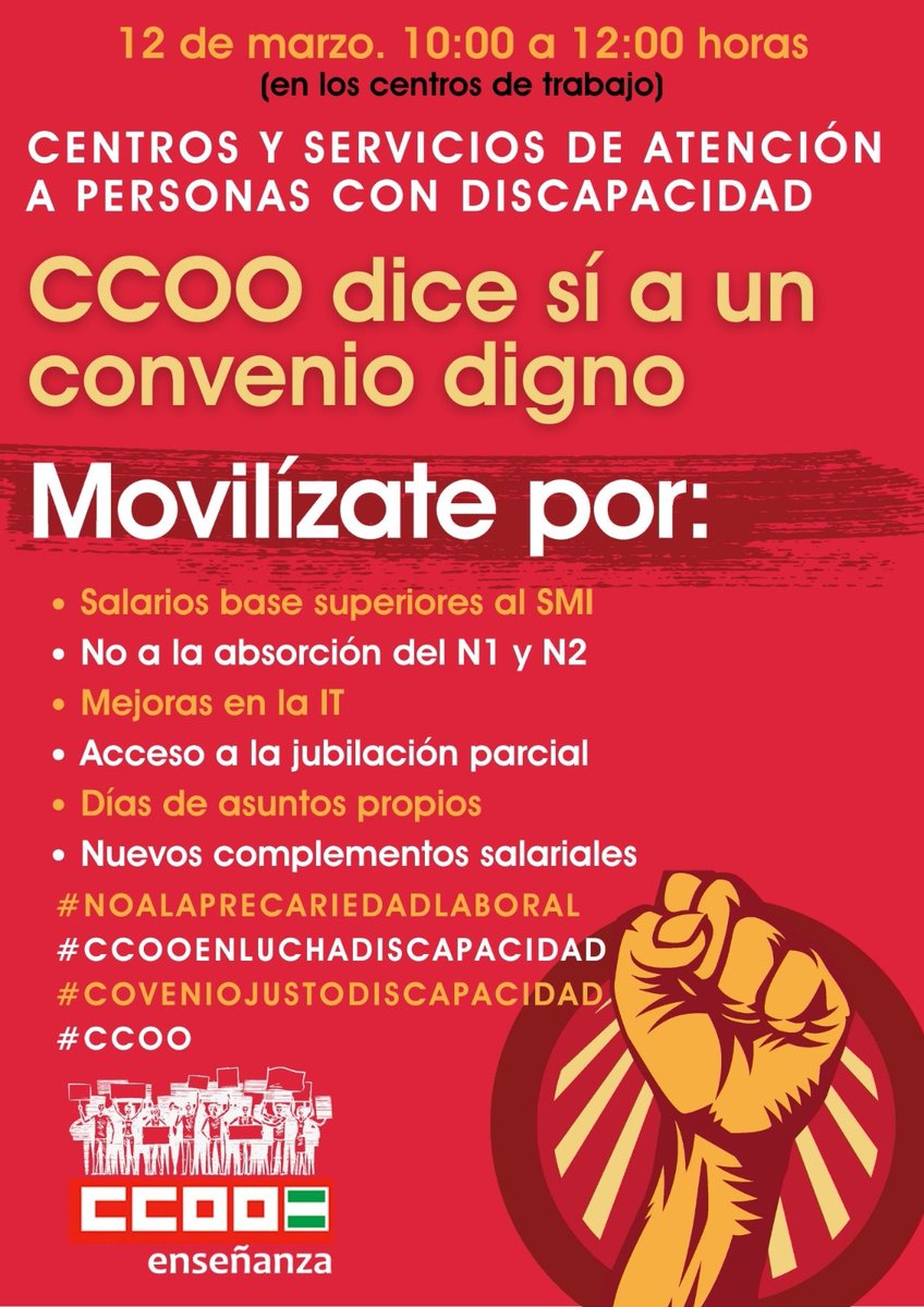 abarriosTW's tweet photo. Los centros y servicios de atención a personas con discapacidad no pueden sostenerse sobre la precariedad de sus plantillas. Frente a la falta de responsabilidad de las organizaciones patronales, las trabajadoras se movilizan por un convenio digno.
#ConvenioJustoDiscapacidad https://t.co/1rGnM0dVUN