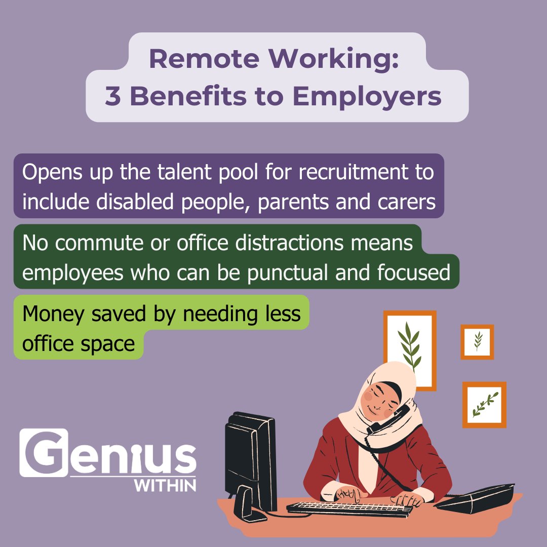 #WorkingFromHome has been such a hot topic recently we wanted to share some of the benefits to employers

There is no one perfect way to do things. Flexibility and going with what works best are major factors in #NeuroInclusion

#DisabilityInclusion #OccupationalHealth #HWW2024
