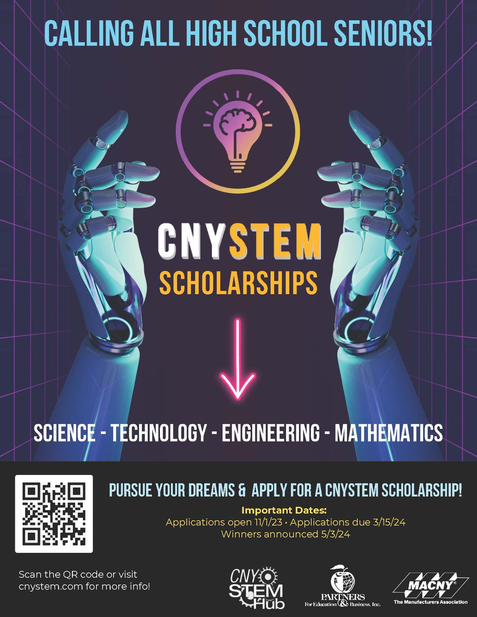 Do you know a high school senior with a passion for science, technology, engineering, or mathematics? The CNY Stem Scholarship Program is now OPEN for applications! Deadline to submit is March 15, 2024. See below for details! #SCSDCollegeReady